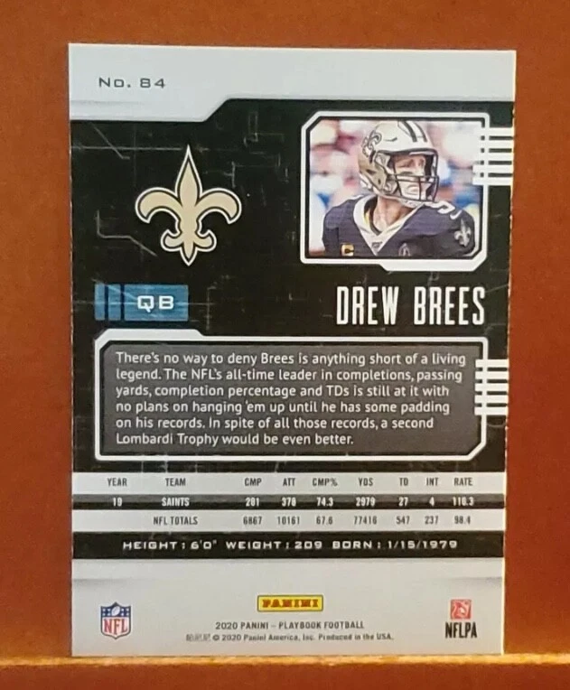 Drew Brees 2020 Panini Playbook #84 New Orleans Saints (HOF) - Image 2 of 2
