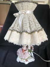 Antique dresden porcelain lace lamp with couple .  Original shade. Marked Bottom
