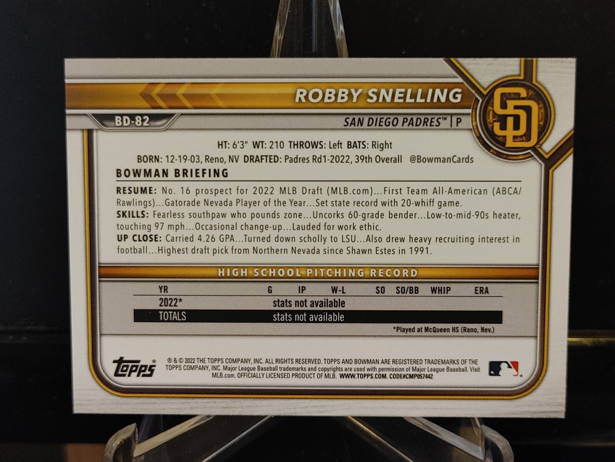 Robby Snelling 2022 1st Bowman Draft 1st Edition #BD-82 Robby Snelling 2022 1st Bowman Draft 1st Edition #BD-82