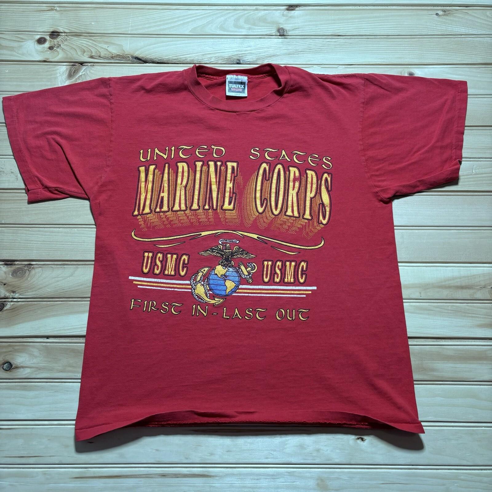 Vintage 90s USMC Marine Corps First In Last Out Military Single Stitch Shirt - L