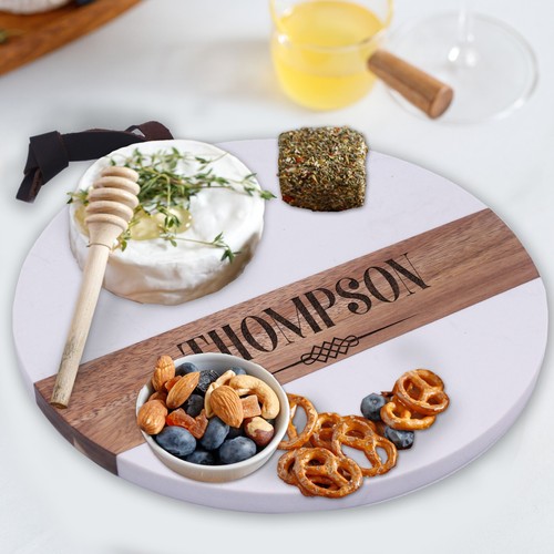 Personalized Round Marble and Wood Cheese Board Customizable Serving Board - Picture 2 of 6