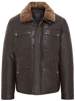 Herren Braunes Leder Puffer Bomberjacke Warm Biker Gesteppt Lamm