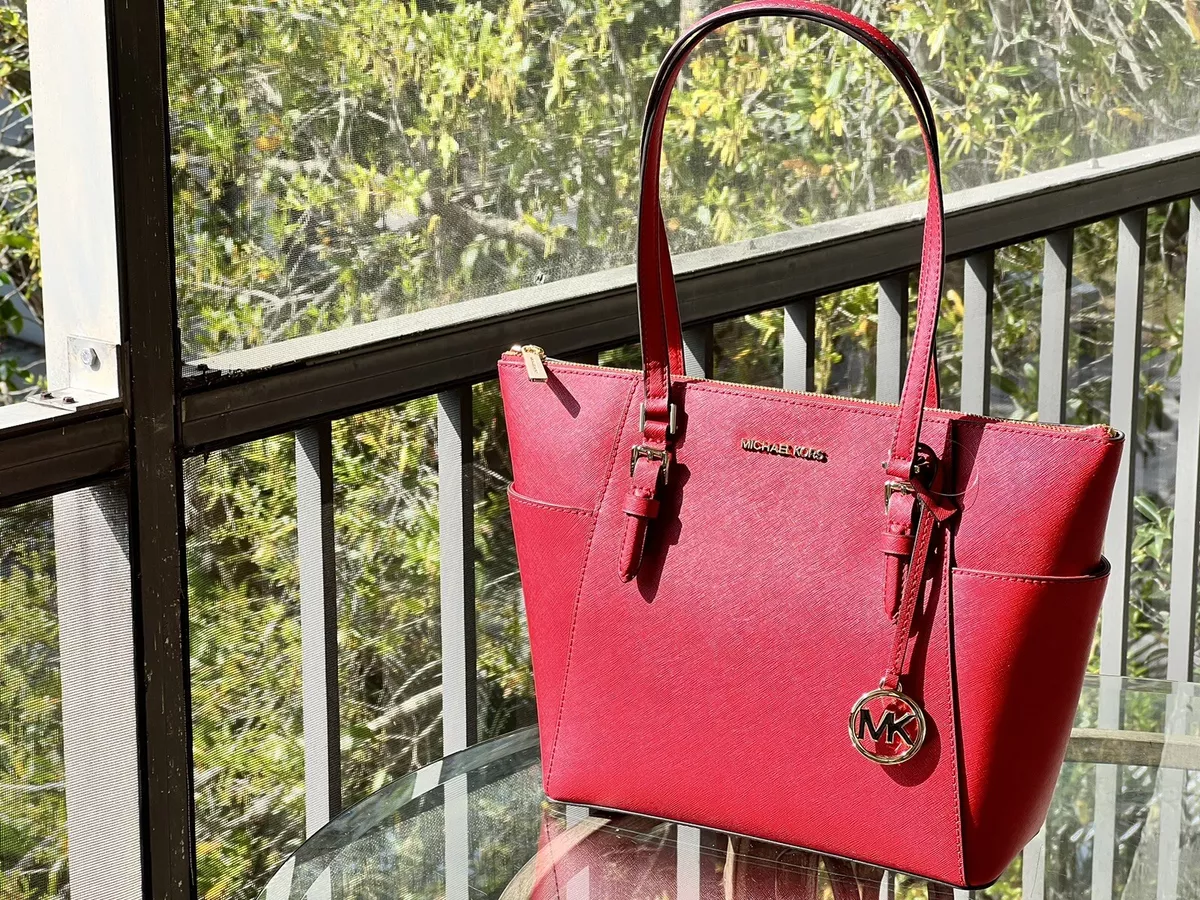 Michael Kors Charlotte Large Top Zip Shoulder Tote Chili Red Saffiano Leather