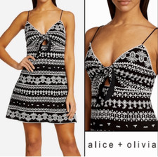 NWT Alice + Olivia Roe Embroidered Tie-Front Mini Dress Black Off-White Size 8