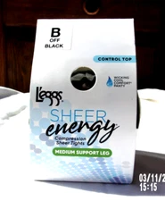 L'eggs Sheer Energy Control Top Compression Tights  Pantyhose Off Black Sz B Med