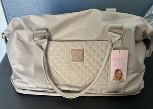 Paris Hilton Quilted Beige Large Duffel Gym Bag 25L Zip Adjustable Strap