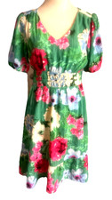 Luxology Floral Smoked Green Pink Puff Short Sleeves Spring Summer Dress Sz PM