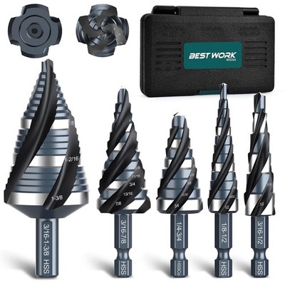 Four Spiral Flute Step Drill Bit Set, 1/8''-1-3/8'' (59 Sizes), 5PCS High-Speed...