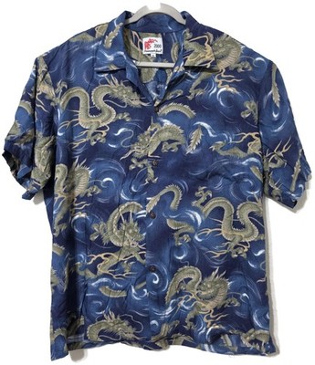 Pineapple Juice Shirt Mens XL Blue Dragon Hawaiian Short Sleeve Button Rayon USA