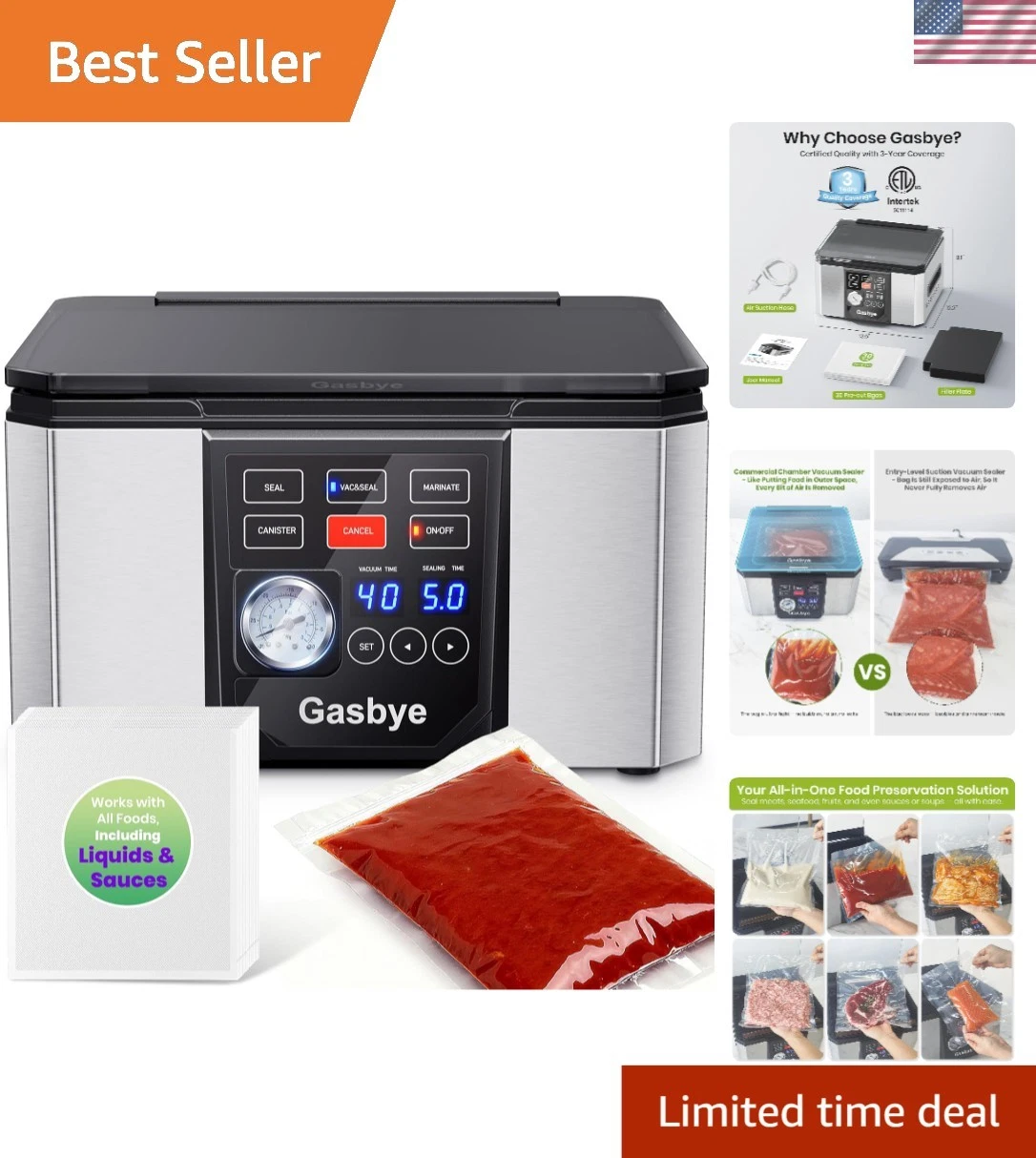 Stainless Steel Chamber Vacuum Sealer with 11.5" Double Seal Bar & Bags