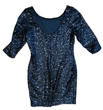 Crystal Doll Dress Black Sequins Size Medium Short 32" Length 3/4 Sleeve