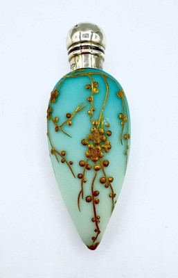 Antique Webb Aquamarine Ombre Art Glass Laydown Perfume Bottle w/ Sterling Cap