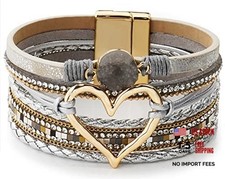 Multilayer Leather Wrap Bracelet Heart-Shape Wide Cuff Bracelets for Silver