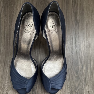 Adrianna Papell Navy Satin d Orsay Peep Toe Pumps w  Pleated Vamp. Womens Sz9