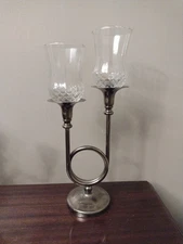Vintage French Horn Trumpet Brass Double Candlestick Holder W. Glass Inserts 15"