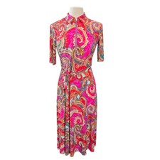 MSK Pink Colorful Paisley Printed Collard Midi Dress Short Sleeve Size Small