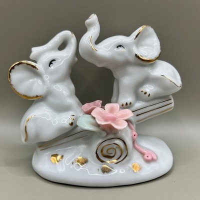 Vtg Porcelain Figurine Two Elephants on See-Saw Teeter Totter Pink Flowers 3.5''