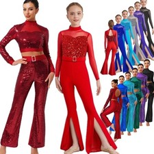 Women and Kid Jazz Dance Costume Sequin Dance Crop Top Long Sleeve with Pants