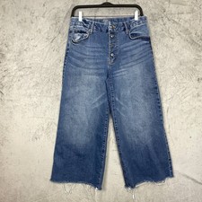 Wide Leg Cropped Jeans Raw Hem Button Fly High Rise Blue Denim Size 12 Urban
