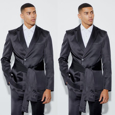 Silk Satin Men's Suit for Prom Wedding Black Formal Jacket Pants Homecoming 2Pcs