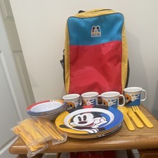 Disney Mickey Mouse Picnic Set Melamine Plates Bowls Mugs Utensils Nylon Bag 90s