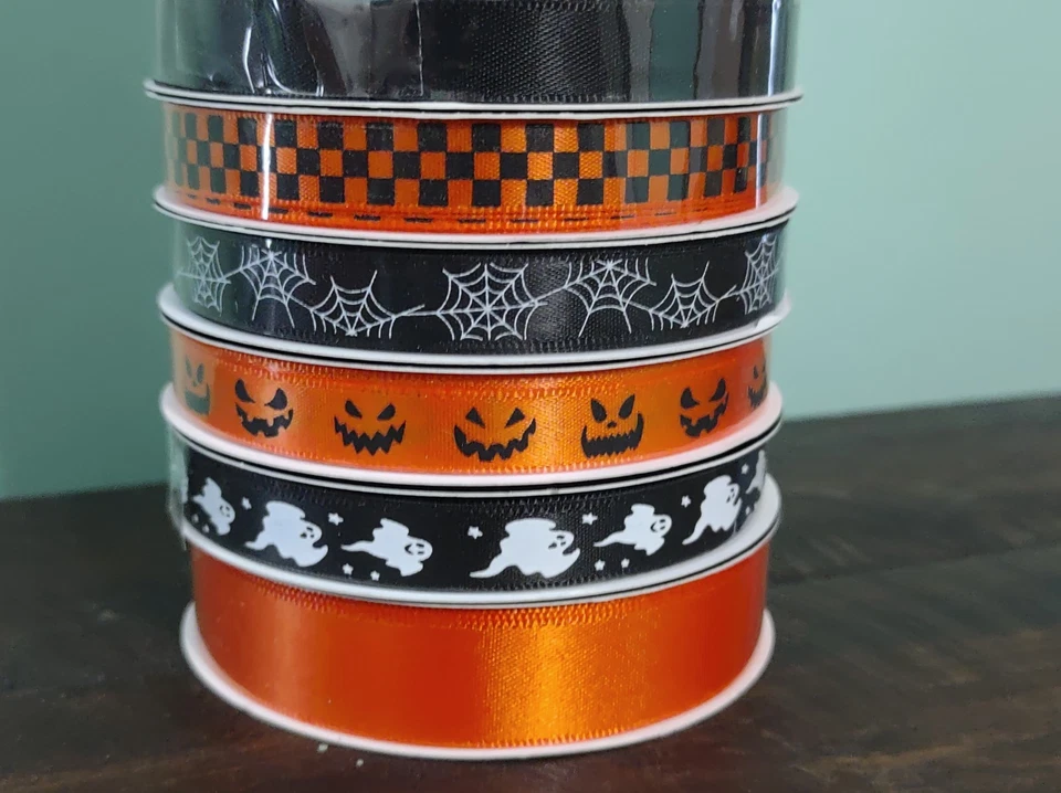 Lot 12 Satin Ribbons Halloween 5/8", 3/8", 1/4", Each Roll 3 Yards, Orange Black - Image 2 of 4