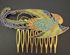 Vintage Enamel Cloisonn Hair Comb Large Colorful Bird Gold Tone 3.5