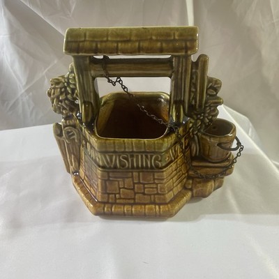 McCoy Pottery wishing well vintage brown and green drop glaze with chain+rust