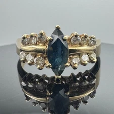 Solid 14k Gold Ring with Sapphire and Diamond / Size 8.1 / 3.37 Grams / 9.69mm