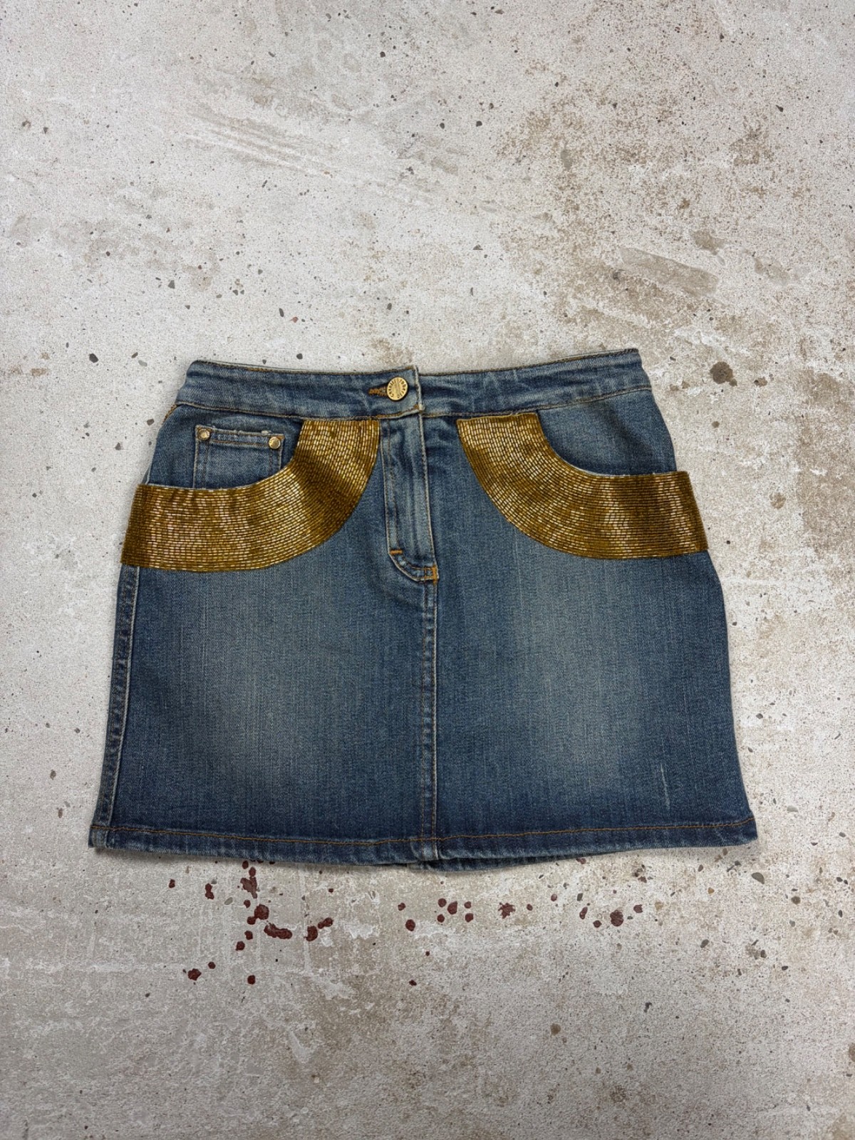 Vintage 2005 Roberto Cavalli Rare Mini Denim Skirt Gold Beaded Panel IT 38