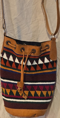 Multicolor Geometric Bohemian Bucket Drawstring Crossbody Bag Adj Detach Strap