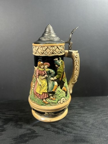 Vintage German Beer Stein w/ Pewter Lid & Music Box - Bavarian Scene Germany - Picture 2 of 10