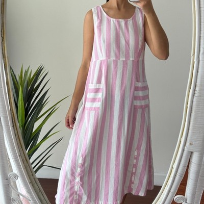 April Cornell Dress Medium Pink White Striped Cotton Midi Resort Coastal Picnic