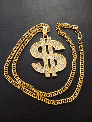 BIG MONEY ICED DOLLAR SIGN NECKLACE GOLD TONE CHAIN 7mm 27