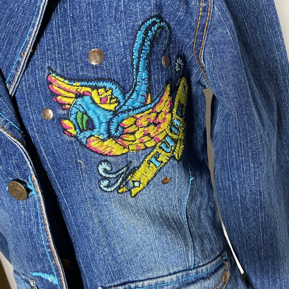 Chaqueta vaquera con botones FUBU niñas jóvenes talla 10 RARA bordada pájaros Foto 4 de 4