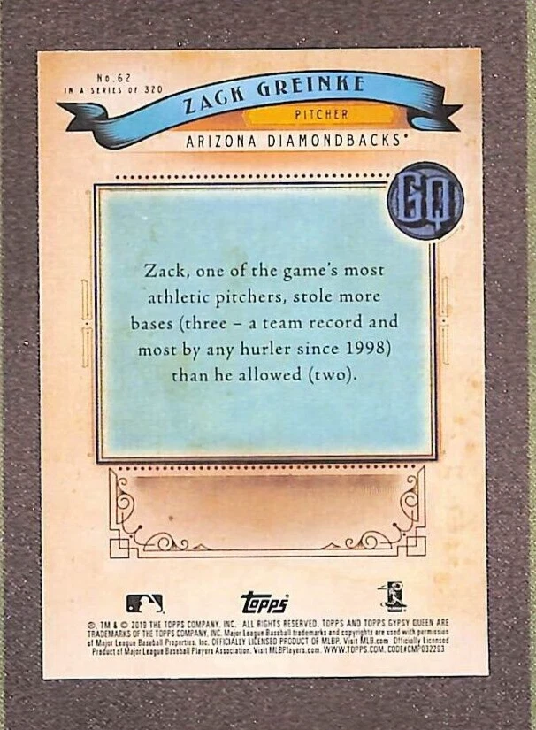 2019 Topps Gypsy Queen #62 Zack Greinke Missing Nameplate SP - Image 2 of 3