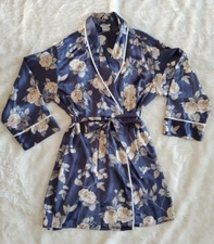 Ladies satin look, short, wrap around dressing gown Floral Black beige Med