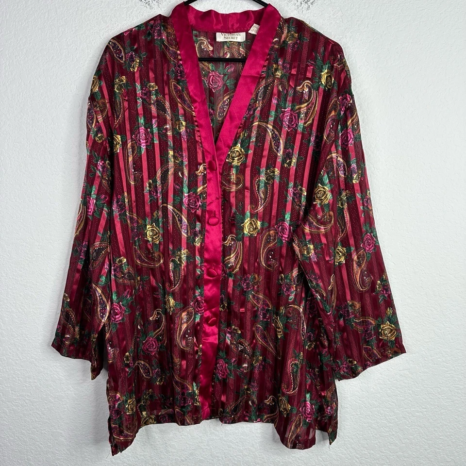 Camisa Victoria's Secret Para Mujer M Roja Cachemira Borde Satinado De Colección Retro Boho Prendas para Dormir Foto 3 de 4