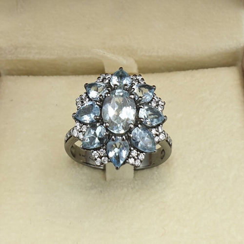 Anillo Karal Vintage Oro Blanco Macizo 18K Diamantes 0,30ct Aguamarina 3,15ct - Imagen 11 de 16