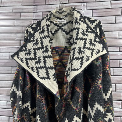 Aztec knitted open long cardigan womens M wool blend western