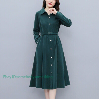 Women Retro Corduroy Midi Shirt Dress Belted Soft A-line with Pockets  Dresses | eBay