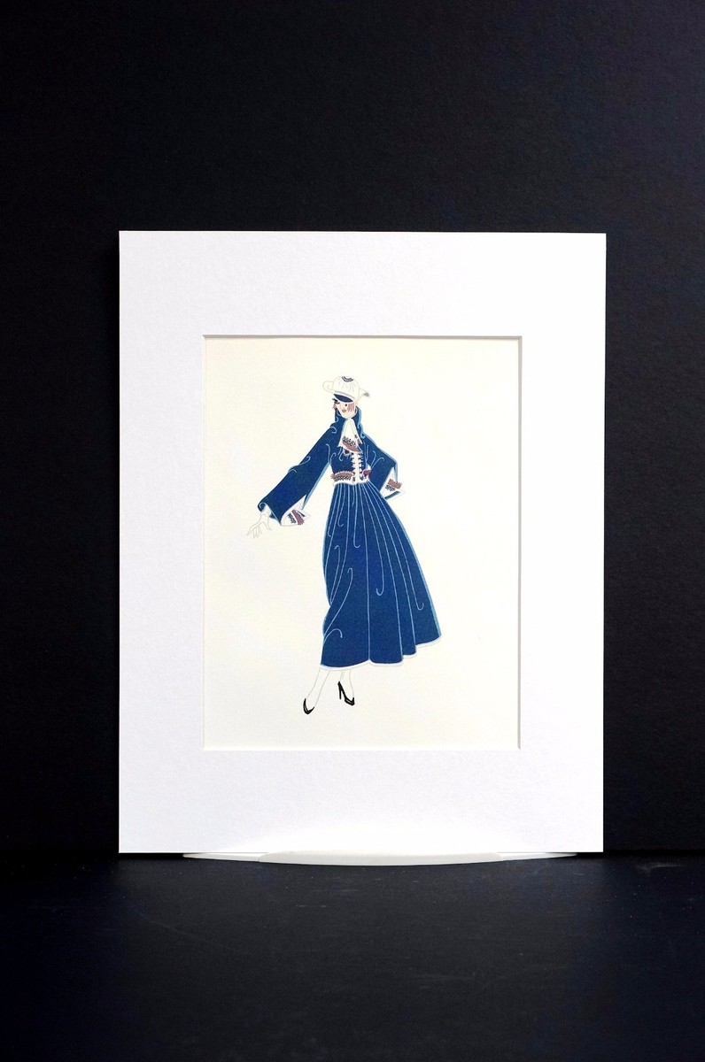 Erte Matted Print 1982 LADY in BLUE WINTER DRESS w VEST Art Deco