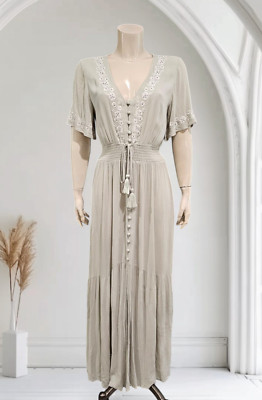 LOST WANDER Light Pale Green Embroidered Maxi Dress M