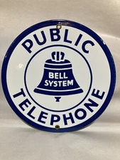 Vintage Porcelain 8-3/4"Round Bell System Public Telephone Sign