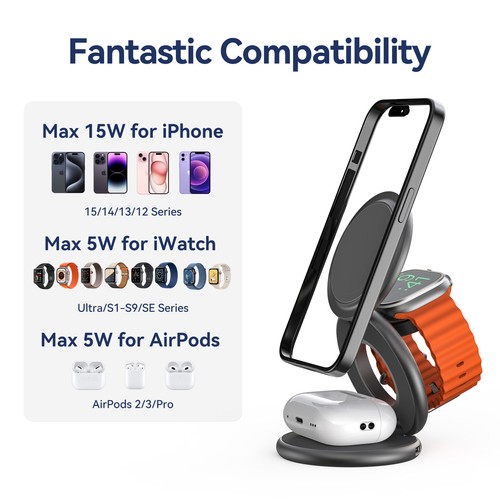 KUXIU X63 3-In-1 Foldable Magnetic Wireless iPhone 16/15 iWatch 9 Charger &Stand - Photo 8 sur 24