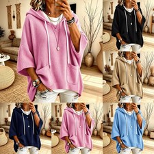Women's Waffle Texture Pullover Hoodie Top Half Sleeve Oversized Casual Top