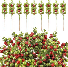 48 Pcs Christmas Glitter Berry Stem 8 Inch Red Green Artificial Holly Berry Pick