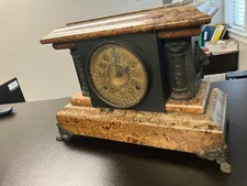 SETH THOMAS ADAMANTINE FAUX MARBLE 8 Day T & S LION HEADS Mantel Clock RUNNING!!