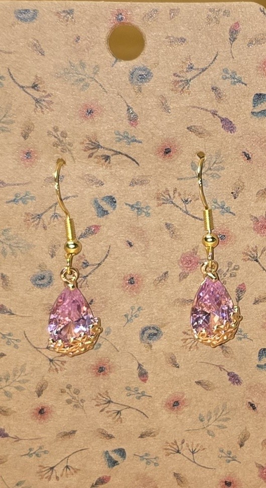 Pink Crystal Flower Wrapped Tear Drop Dangle Earrings .925 Sterling Silver Hooks