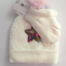 Girls White Winter Knit Hat and Gloves With Sequined Star Design and Pink Pompom